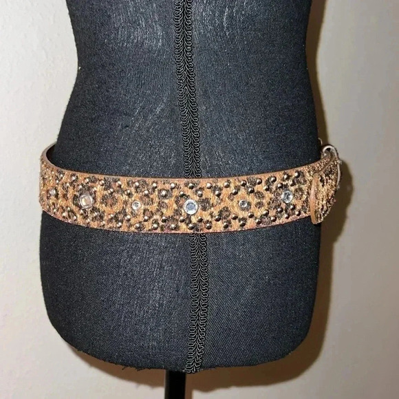 Women’s Animal Print Vegan Leather Belt Silver Buckle Rhinestone Stones Studs - Picture 9 of 16
